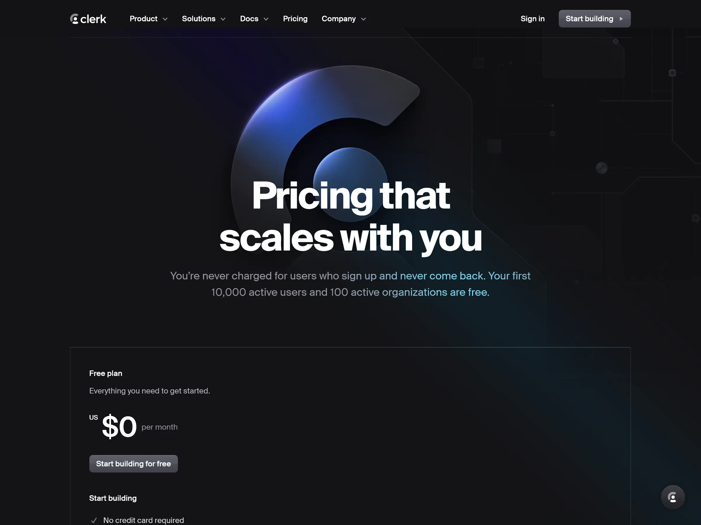Screenshot of Clerk Pricing Page