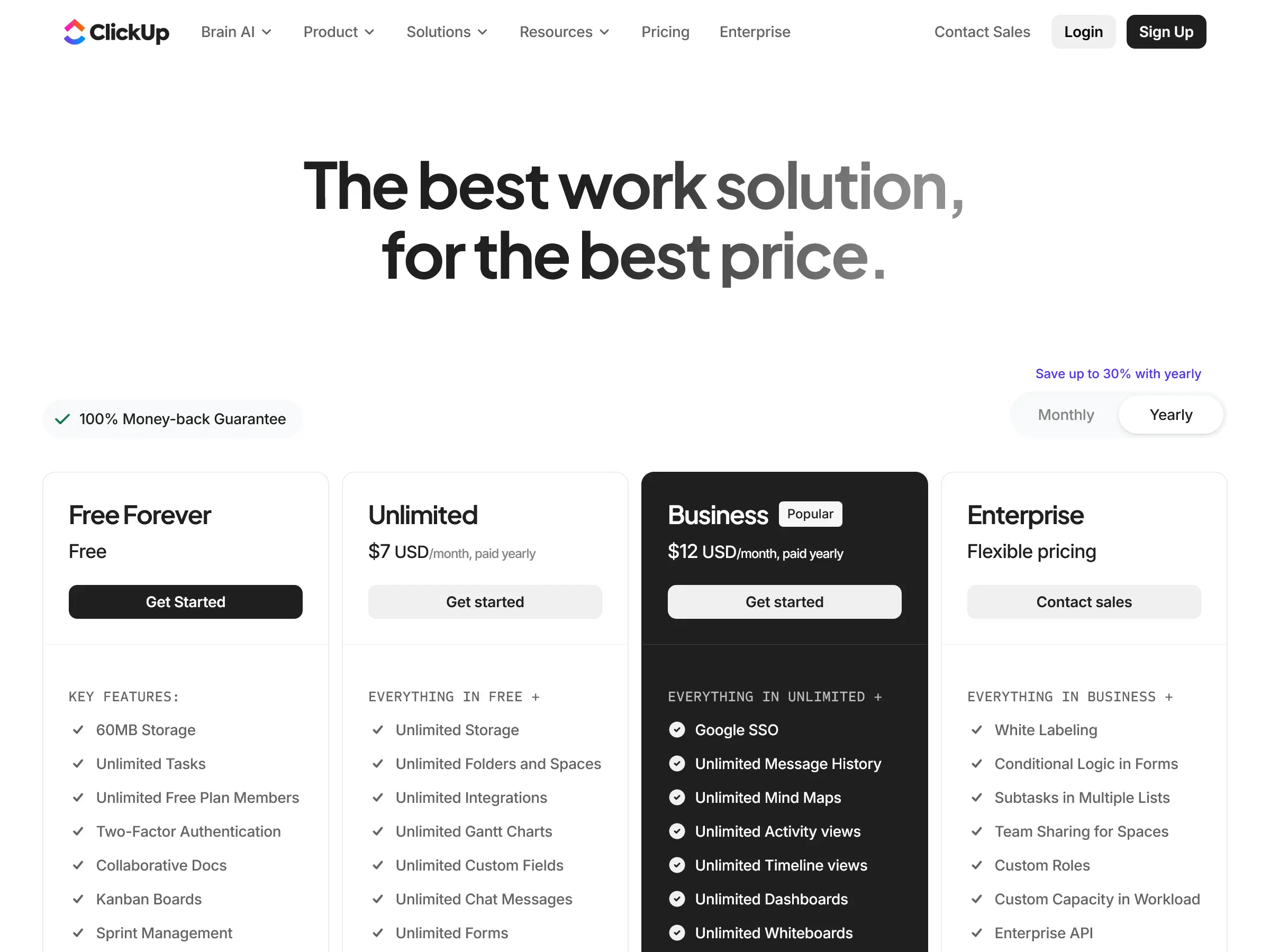 Screenshot of ClickUp Pricing Page