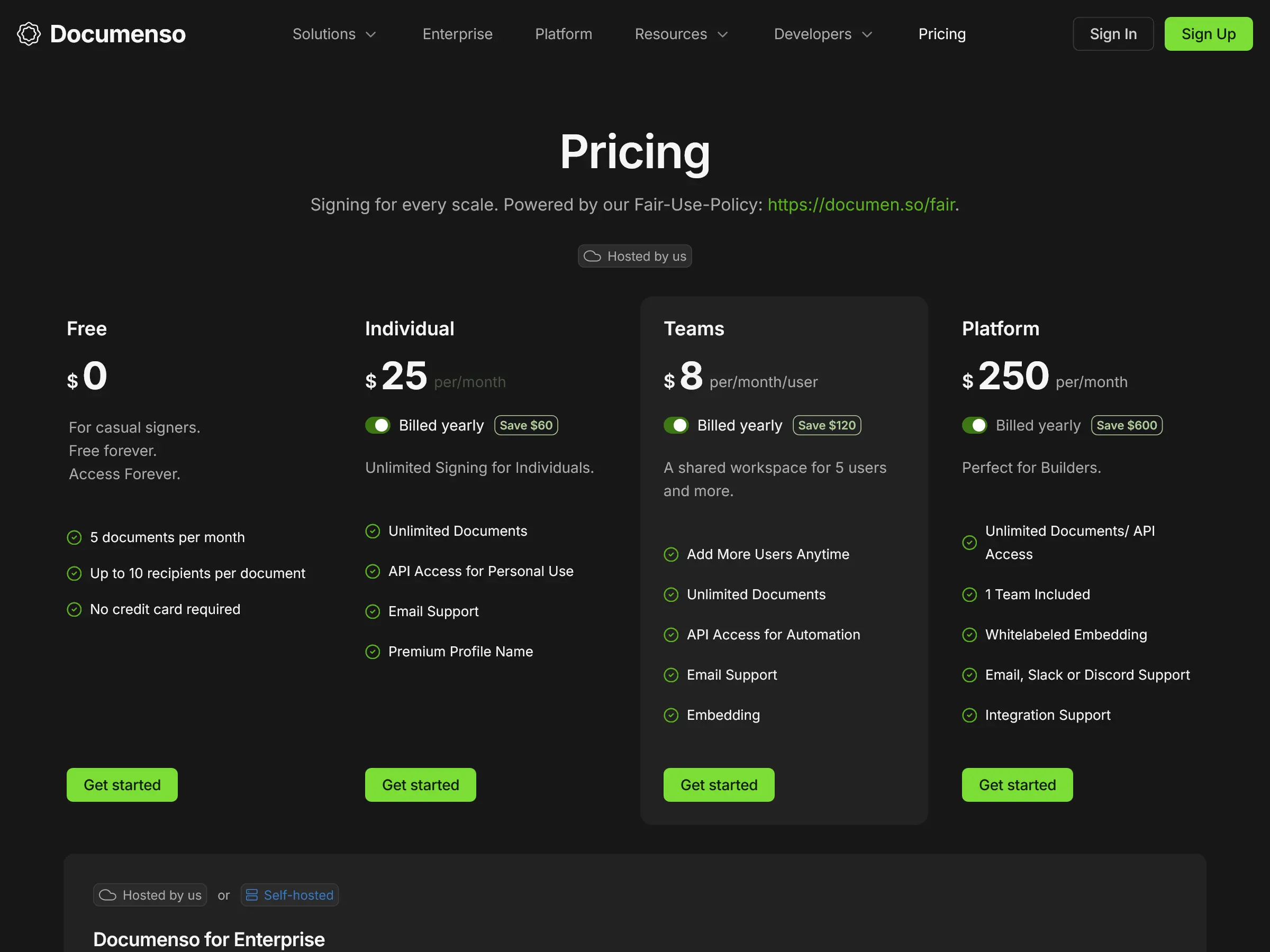 Screenshot of Documenso Pricing Page